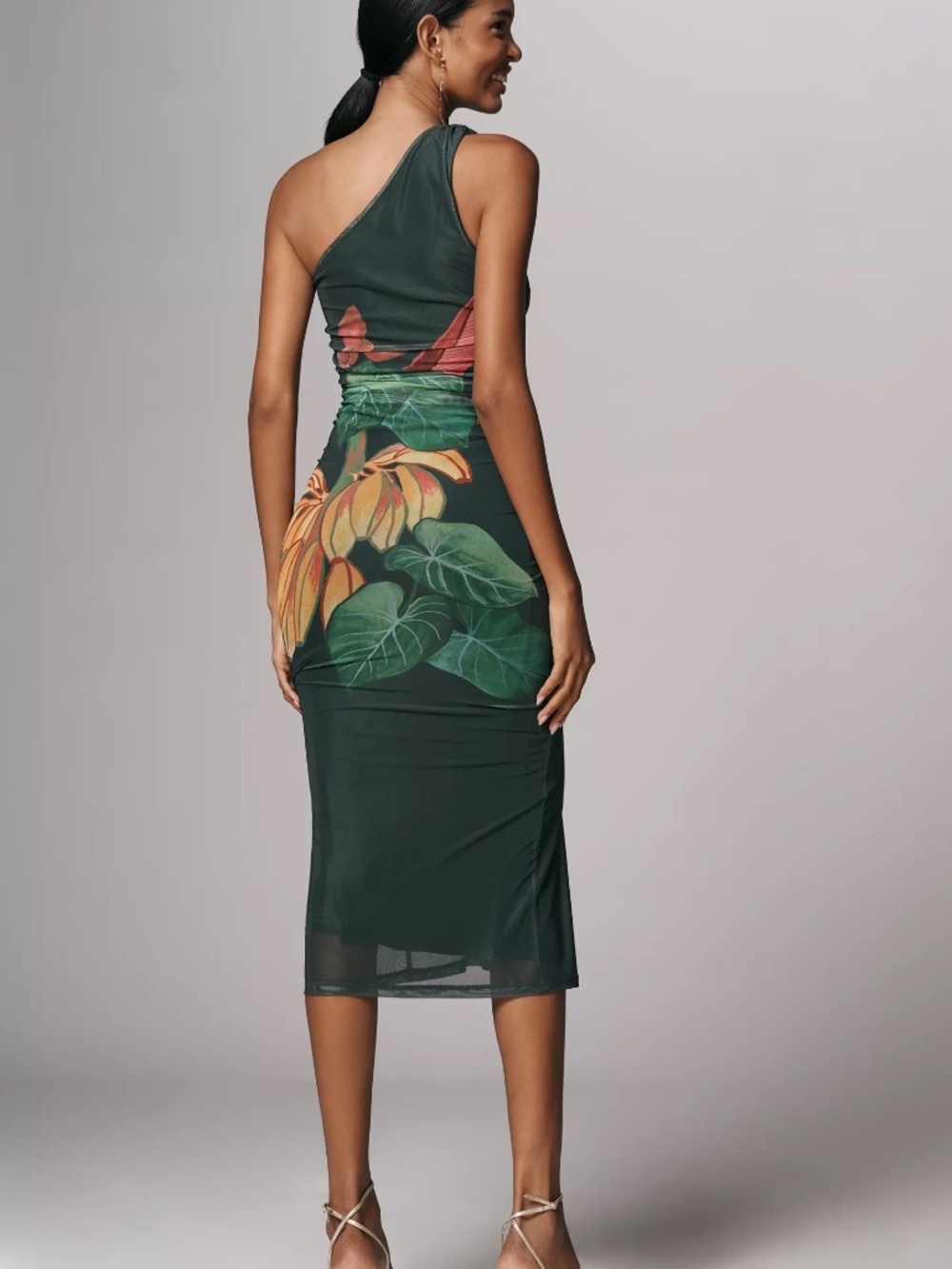 Farm Rio x Anthropologie One-Shoulder Midi Dress Tropical Print Mesh Sundress - Picture 2 of 3
